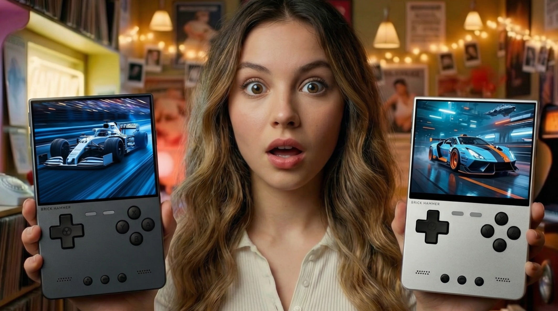 Eva holding 2 retro TRIMUI Brick Hammer handheld